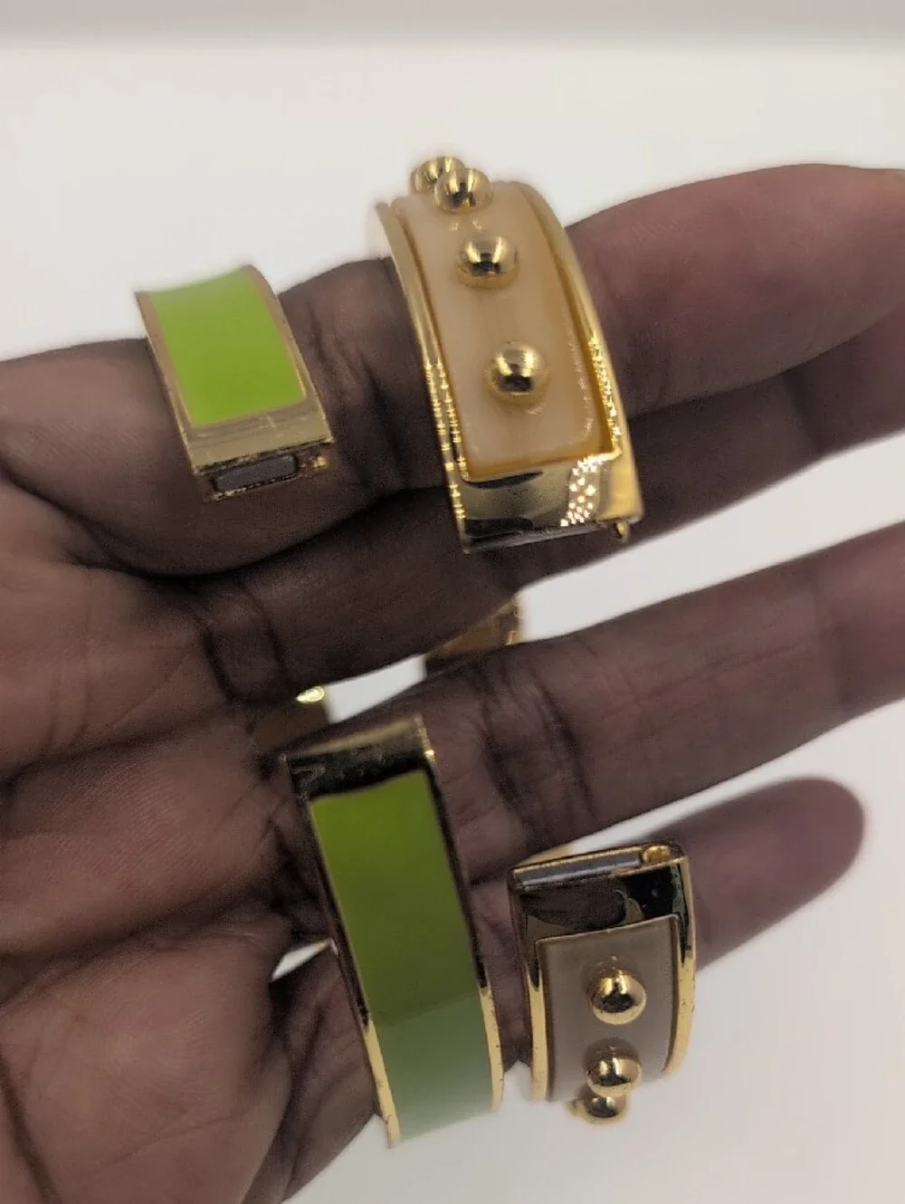 Talbots Set of 2 Hinged Bangle Bracelets Gold-Tone Enamel Stack Green Cream 0113
